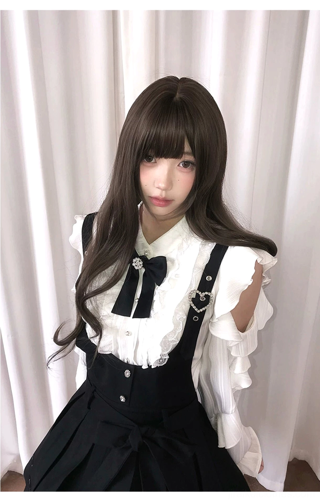 Jirai Kei pleated suspender skirt and off-shoulder white ruffled blouse complete set with decorative collar bow product showcase