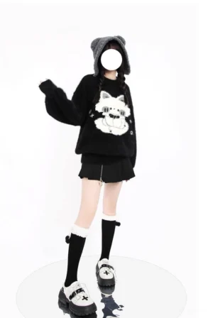 Black fuzzy kitten sweater three-quarter side view on model wearing ear flap hat mini skirt and platform shoes, showing loose long sleeves and plush texture