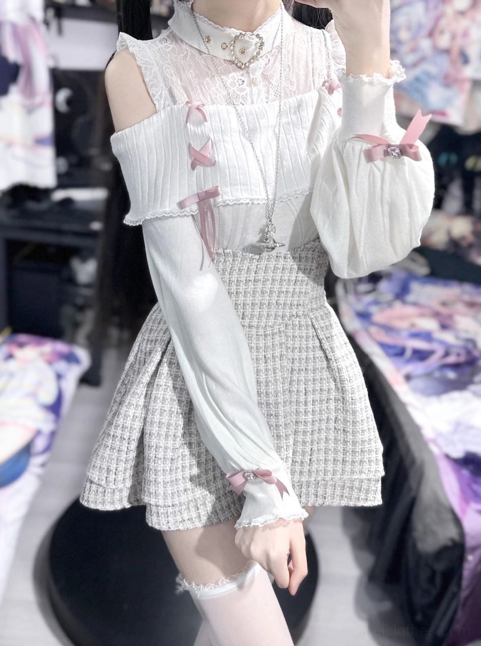 Jirai Kei off-shoulder sweater cuff detail showing bow ribbon embellishment and lace sleeve construction method