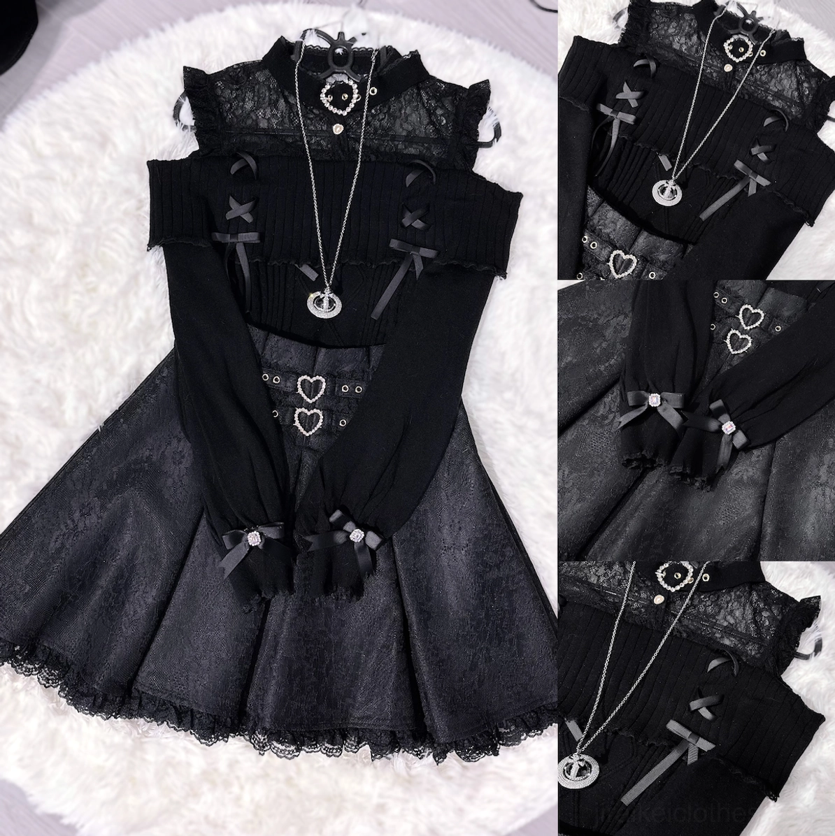 Black off-shoulder Jirai Kei lace sweater flat lay showing heart decorations bow trims and intricate lace construction detail