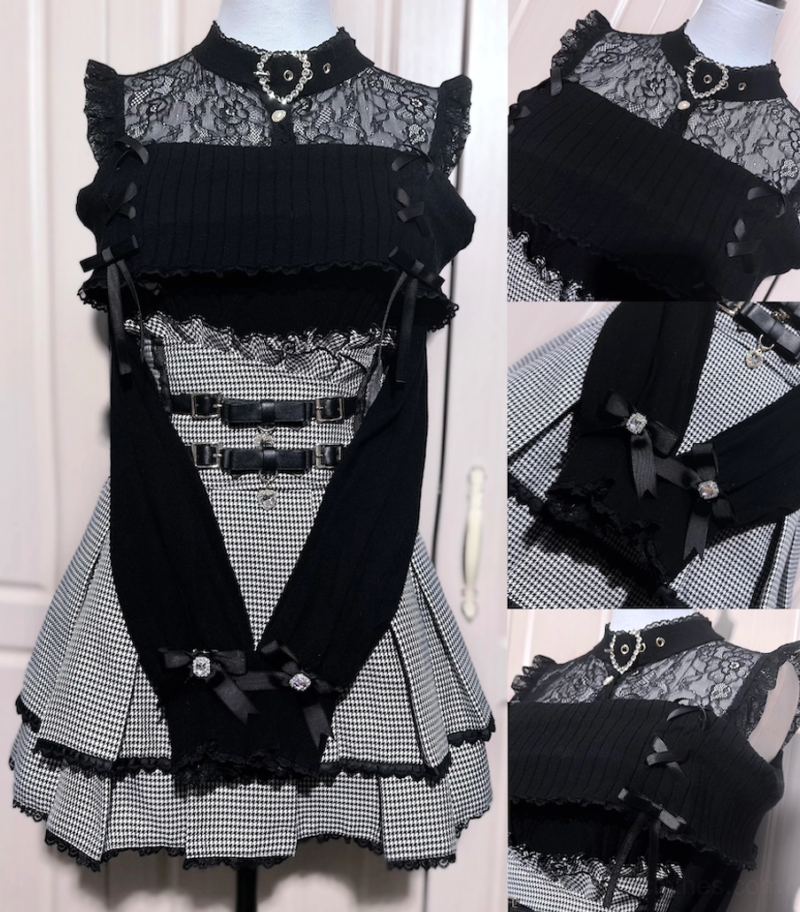 Jirai Kei off-shoulder knit sweater close-up product shot showing lace yoke heart-shaped hardware and bow accent details