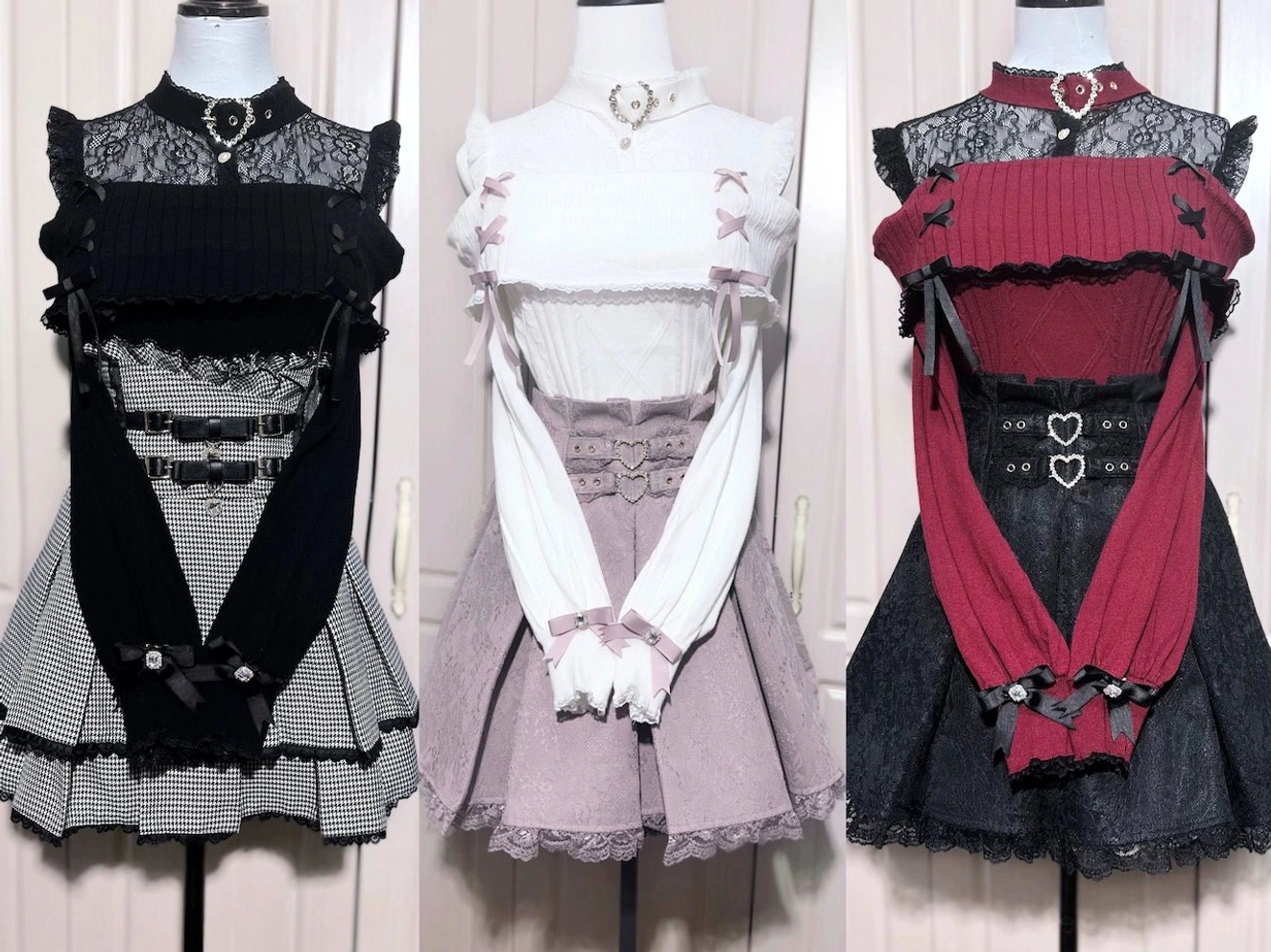 Multiple colorway Jirai Kei off-shoulder lace knit sweater display on mannequins showing interchangeable lace tops heart buckles