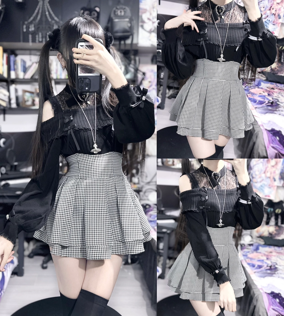 Jirai Kei outfit featuring off-shoulder knit lace sweater with multiple mirror angles showing bow ribbons and heart embellishments
