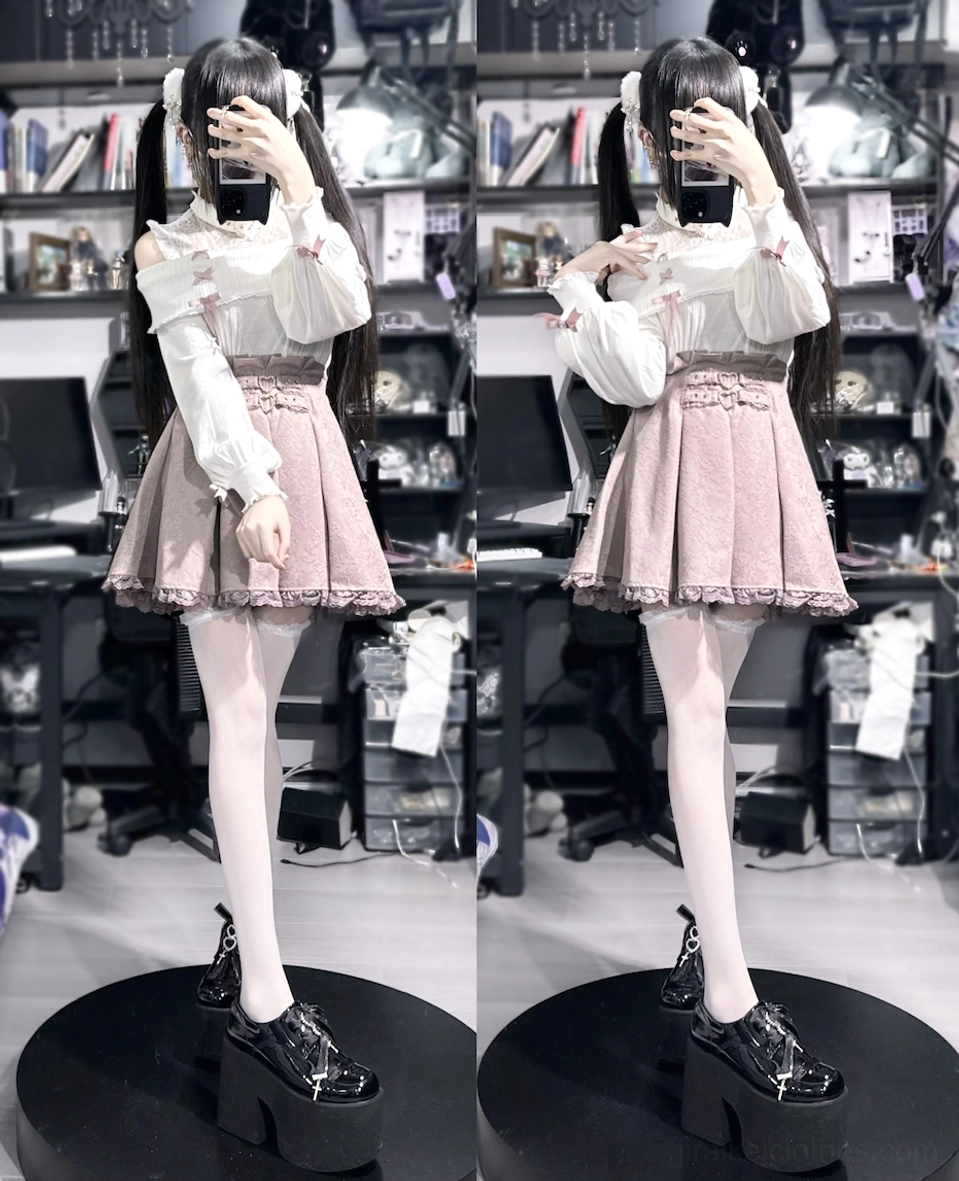 Jirai Kei off-shoulder lace sweater full silhouette view demonstrating how-to-wear and off-shoulder fit proportions