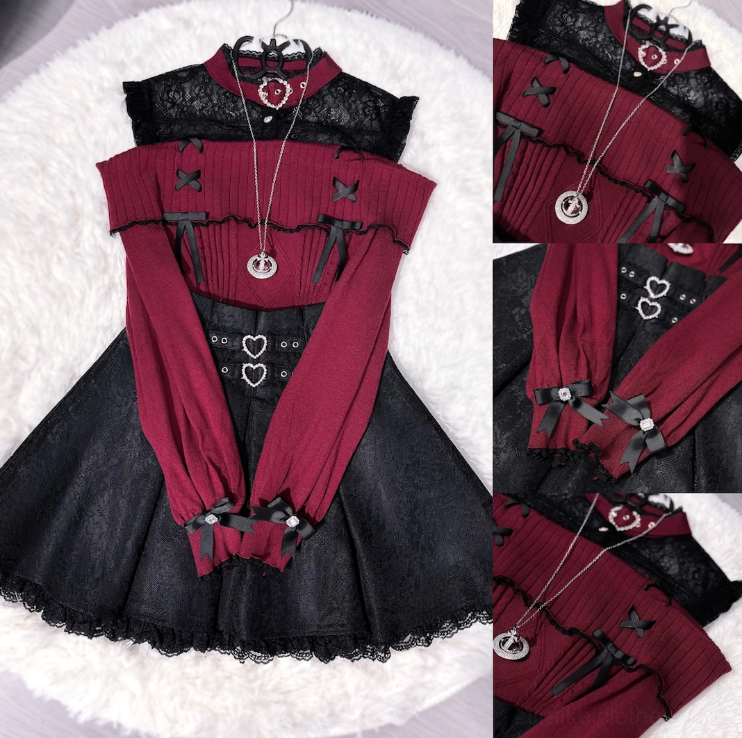 Jirai Kei off-shoulder lace sweater showing off-shoulder neckline silhouette and rhinestone heart collar construction