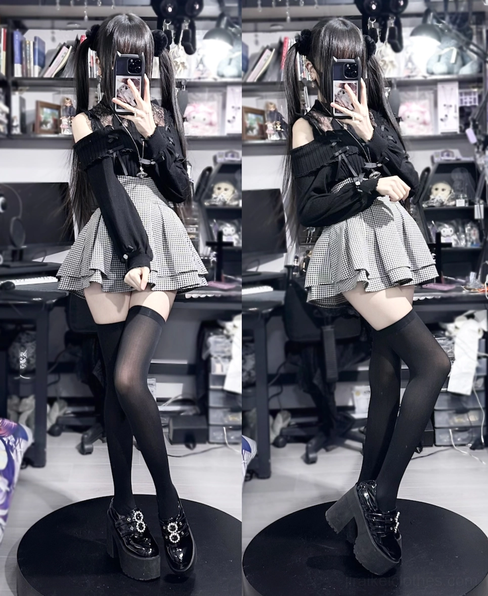 Off-shoulder Jirai Kei lace sweater with heart rhinestone collar paired with platform shoes and thigh-high socks mirror reflection