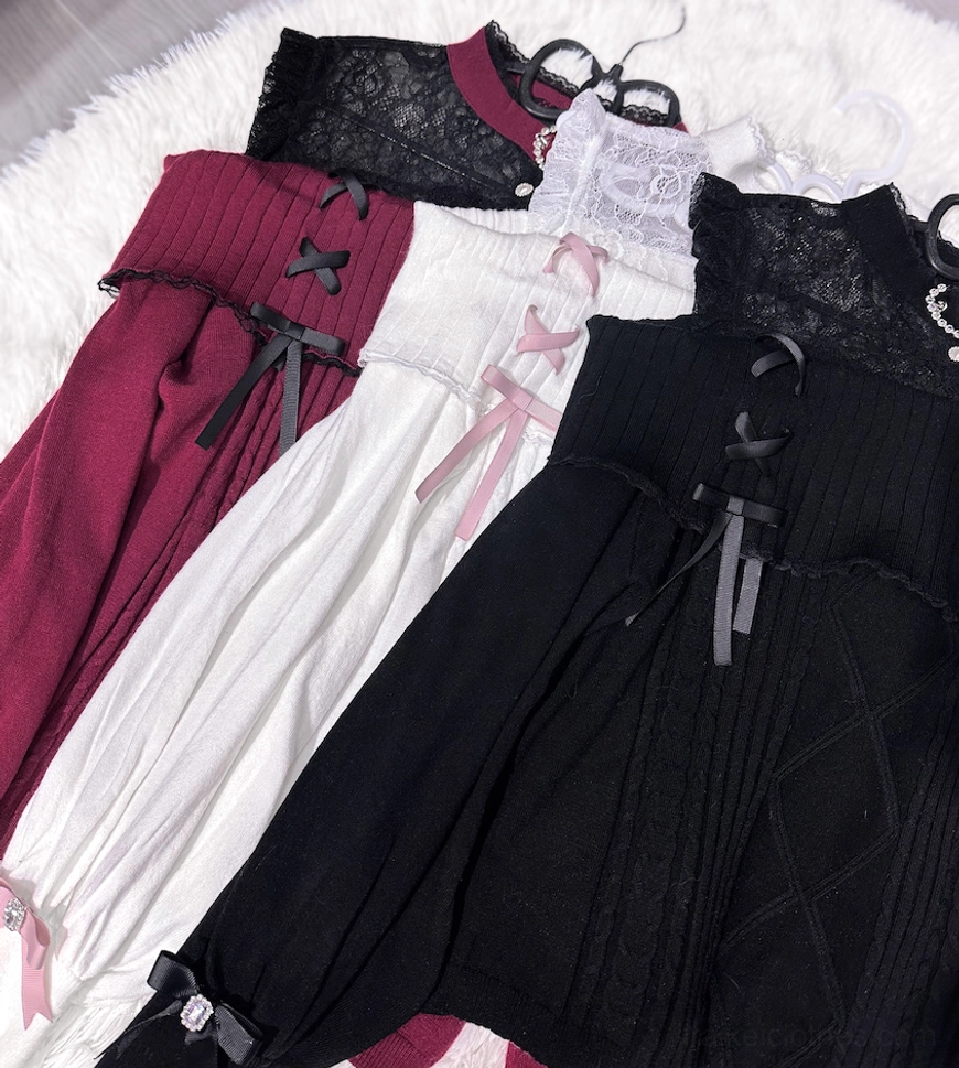 Jirai Kei lace knit sweater flat lay product shot with ribbed knit lace neckline bow details on furry rug background