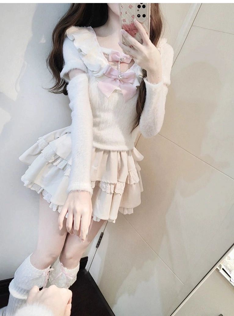 Jirai Kei sweater and tiered skirt set care instructions showing proper washing guidelines and pearl bow removal before laundering to protect delicate decorations