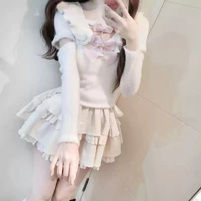 Styling inspiration for Jirai Kei white sweater and tiered ruffle skirt set coordinating with accessories, leg warmers, hairpin, and alternative fashion aesthetic complete look