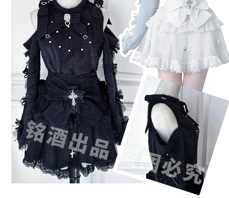 Three-panel product collage shot featuring black fuzzy off-shoulder sweater with white ruffle skirt, showcasing different angles and gothic lolita construction details of Jirai Kei ensemble
