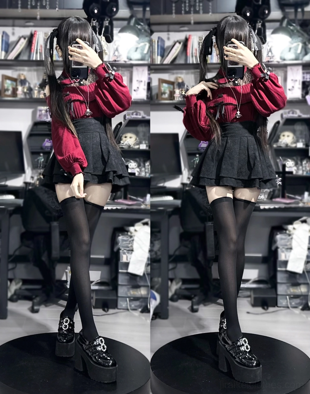 Black thick version Jirai Kei off-shoulder lace knit sweater front display showing lace pattern and heart embellishment