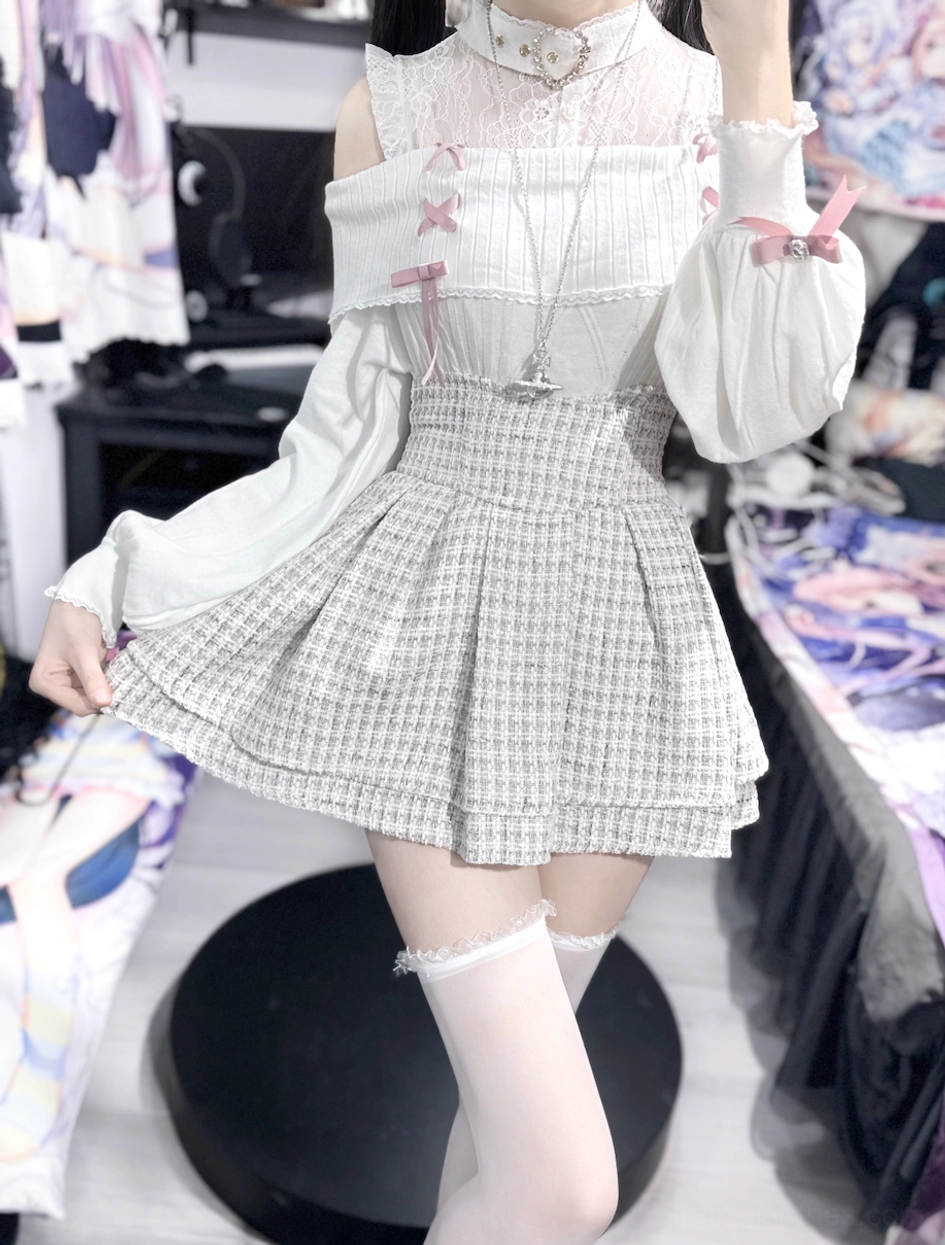 White Jirai Kei off-shoulder lace knit sweater showcasing pristine coloring and heart rhinestone collar sparkle effect