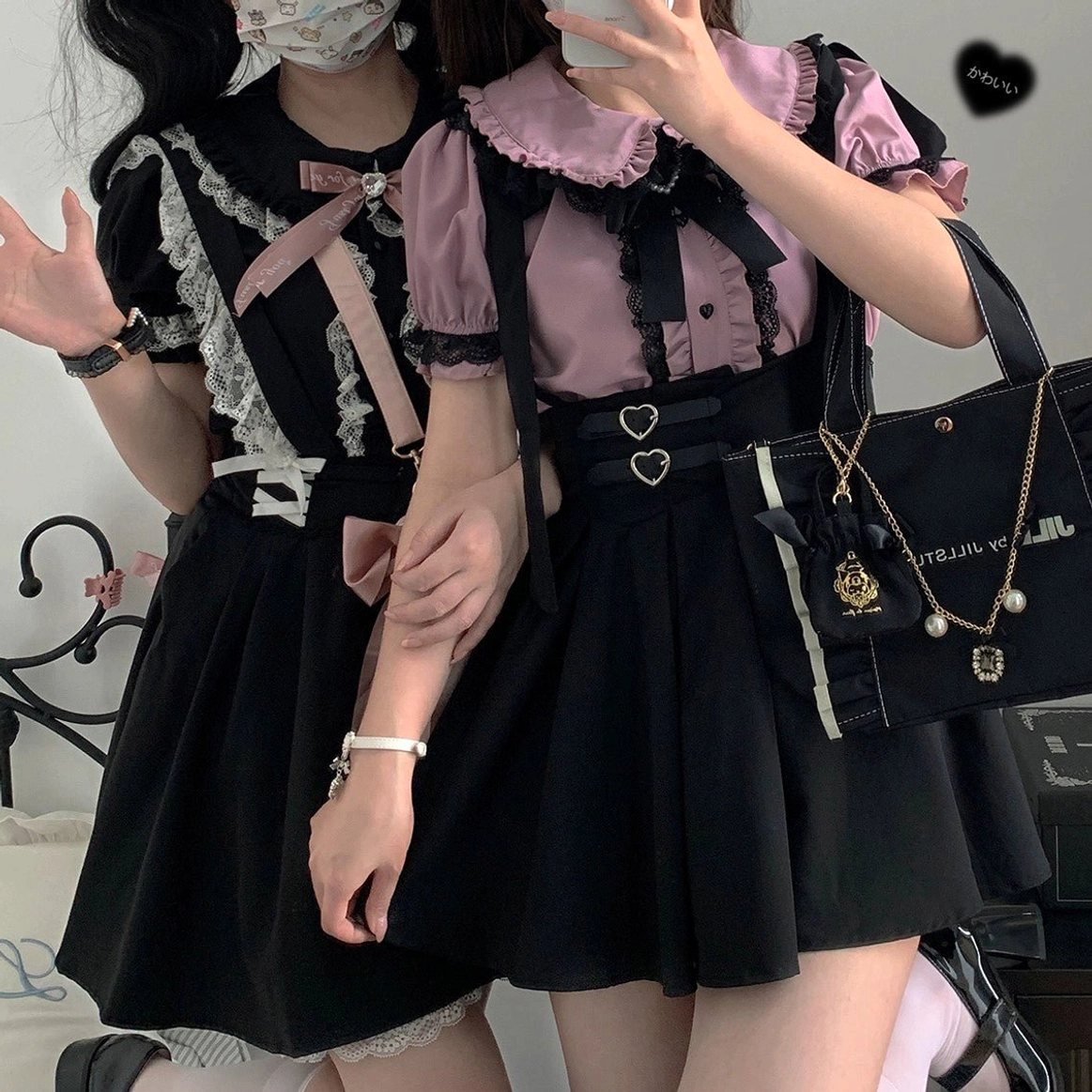 Jirai Kei lace blouse styling with accessories heart bow tie crossbody bag complete outfit
