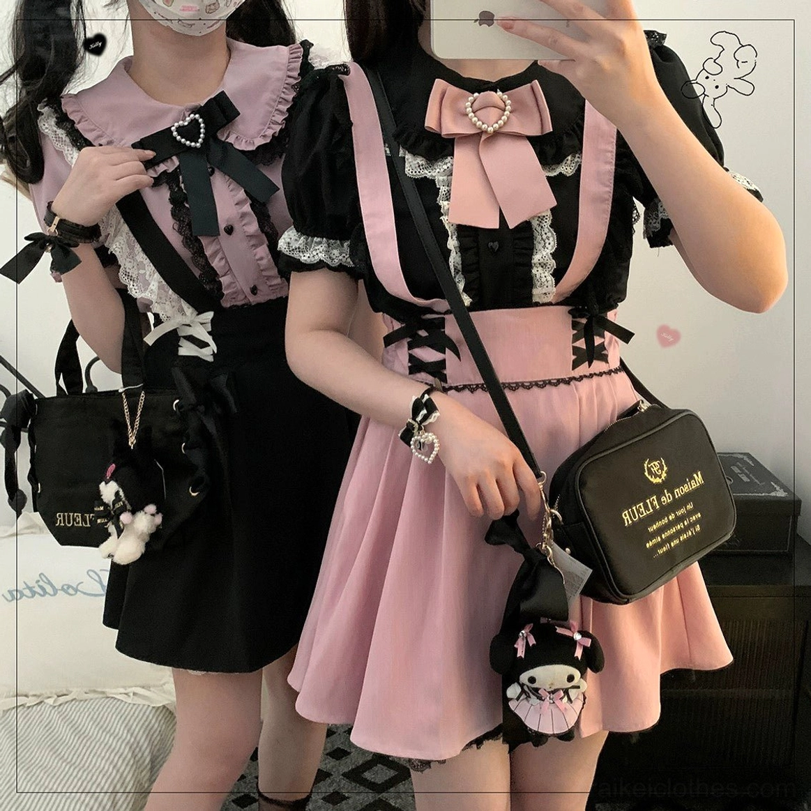 Jirai Kei two-piece outfits close-up half-body mirror selfie pink bow decor lace trim kuromi bag charms