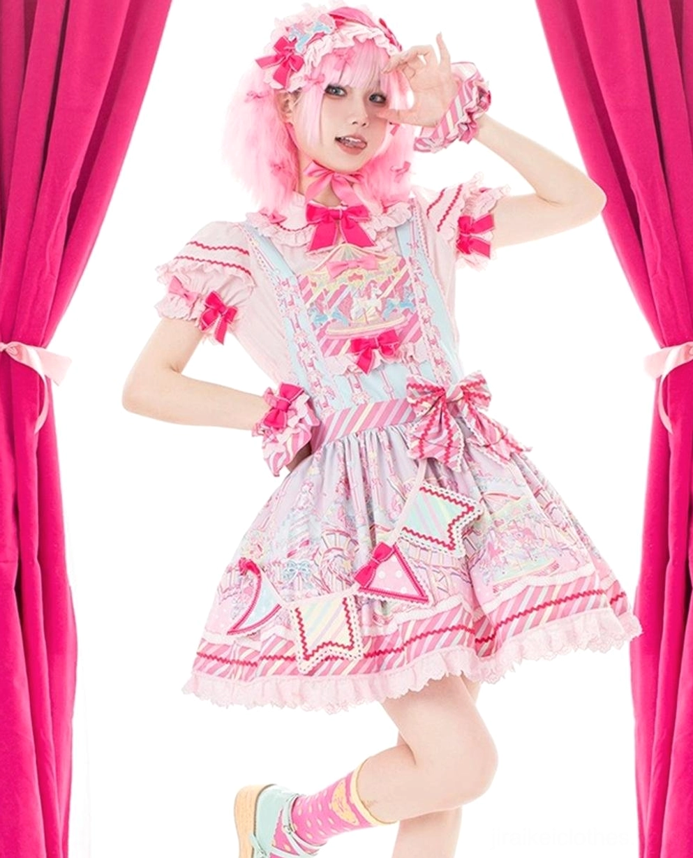 Full body side profile of Jirai Kei sweet Lolita JSK featuring short puff sleeves ruffled neckline and striped hem details