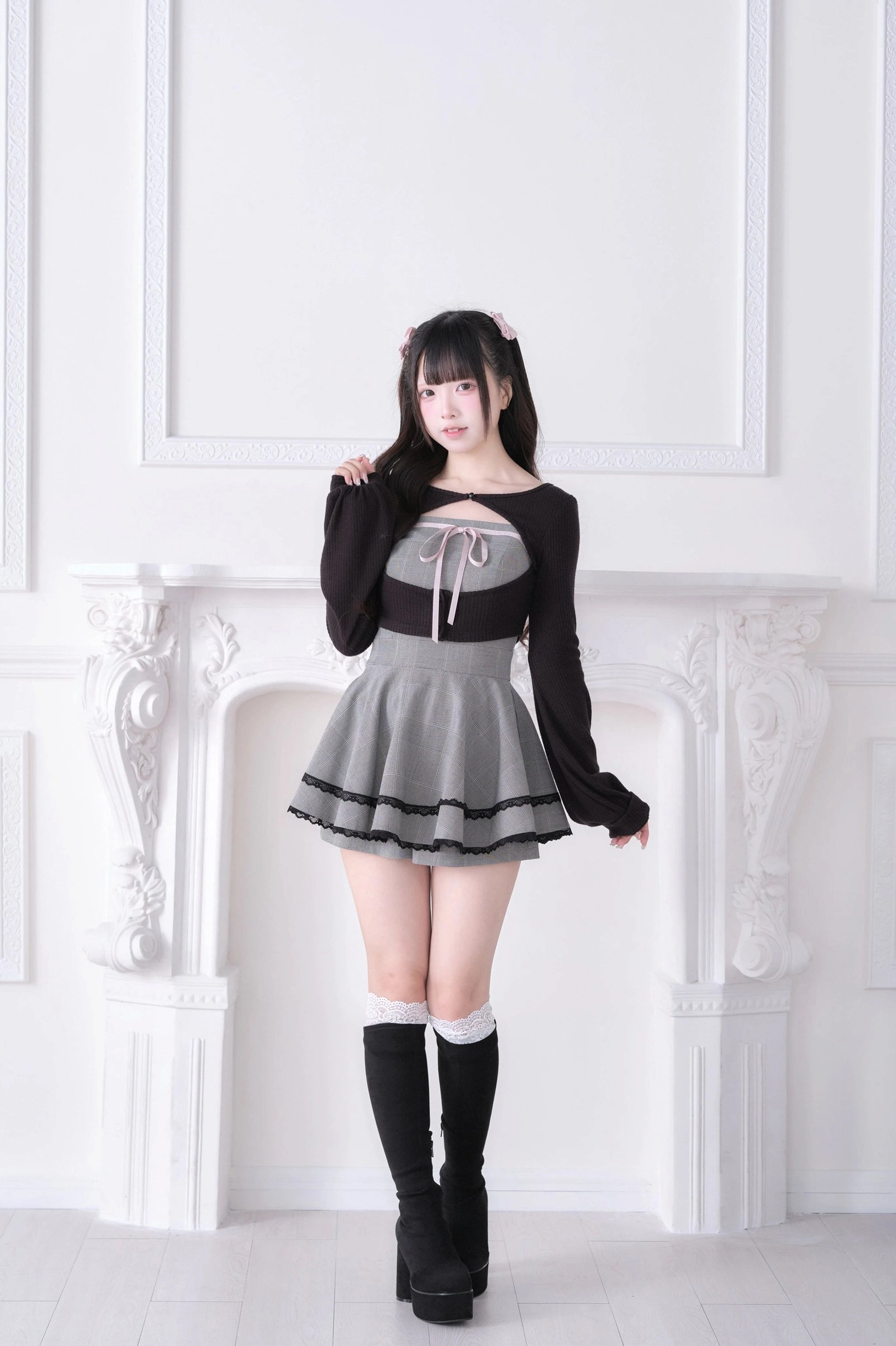 Jirai Kei sweet lolita ensemble - dark brown bolero, black knee-high boots, grey plaid skirt with double black trim