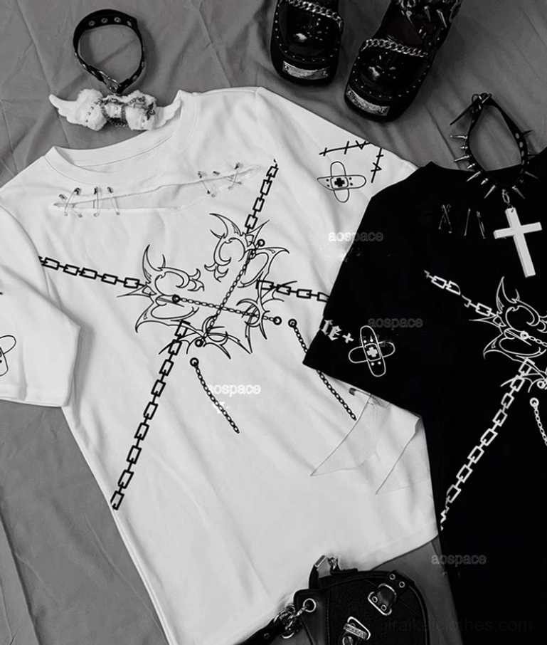 Jirai kei punk t-shirt fabric detail showing 100% cotton construction chain print durability and cutout reinforcement quality