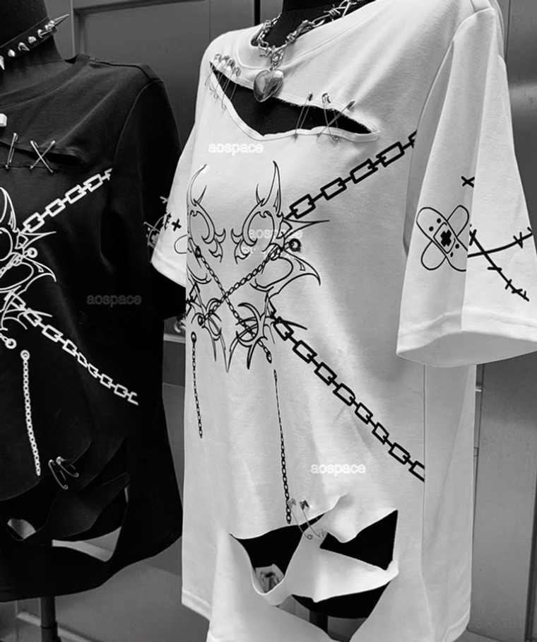 Styling guide for jirai kei safety pin t-shirt showing distressed placement positioning and layering options with accessories