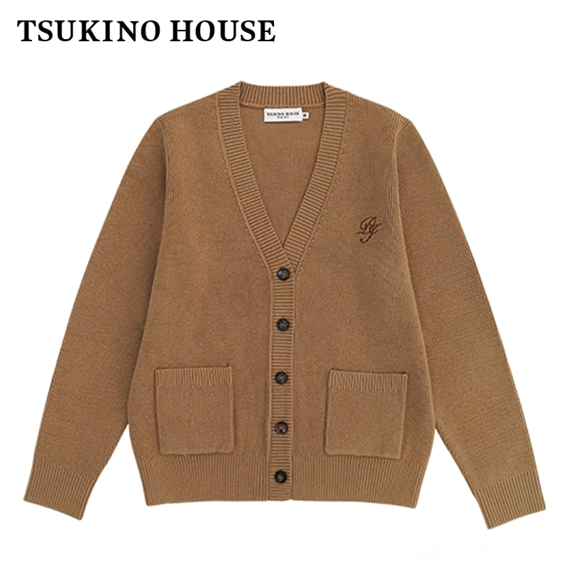 Jirai Kei light tan cardigan flat lay product view knit fabric front closure patch pockets