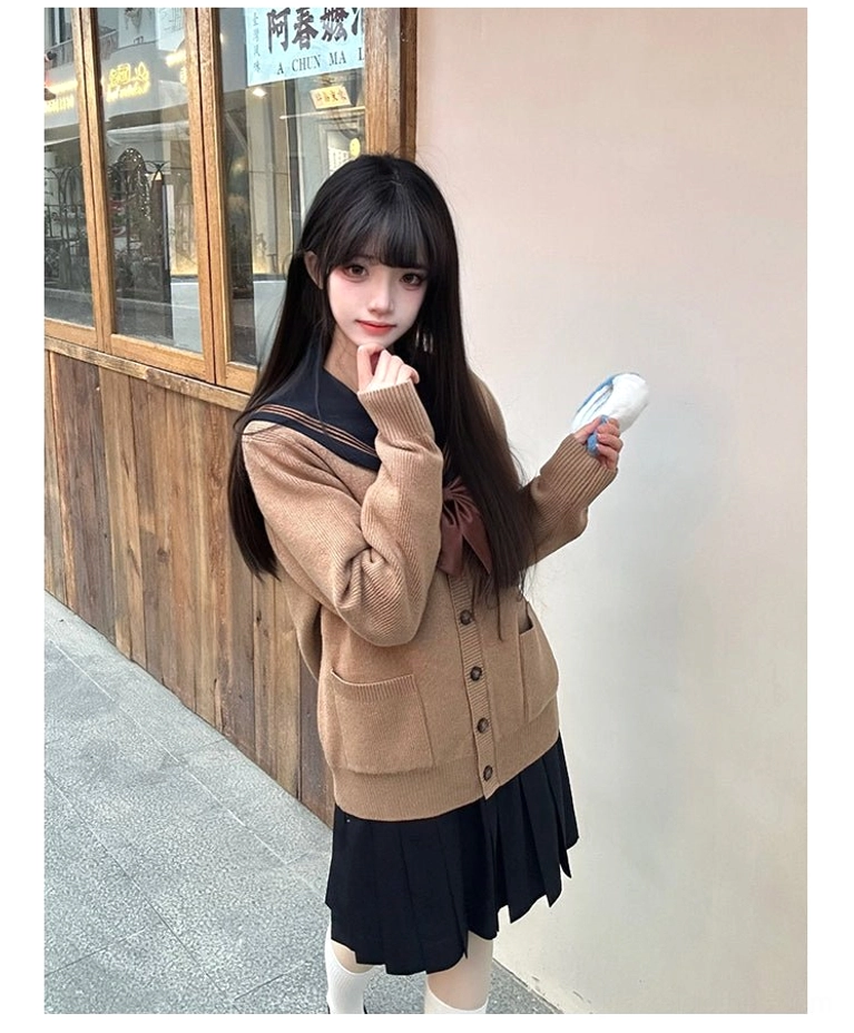 Jirai Kei tan caramel cardigan outdoor street style eye-level view with sailor collar uniform patch pockets