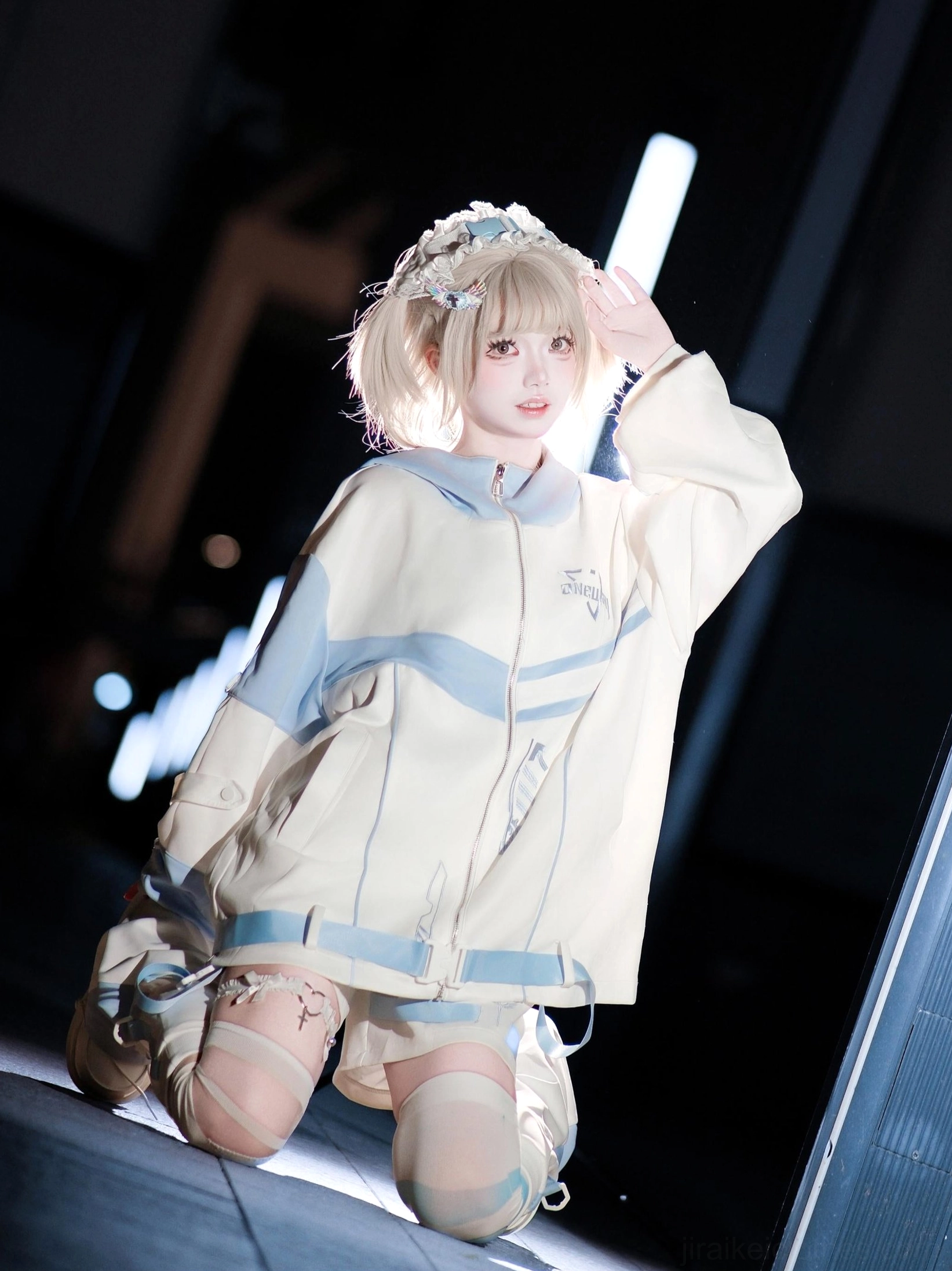 Jirai Kei techwear complete set styling - showing how to layer and wear jacket shorts and leg warmers together