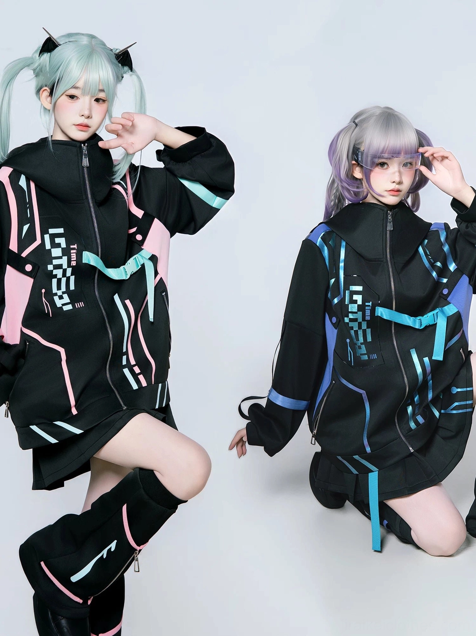 Gradient blue-purple Jirai Kei techwear jacket and skort set detail view showing fabric texture, neon paneling quality, and leg warmer styling coordination