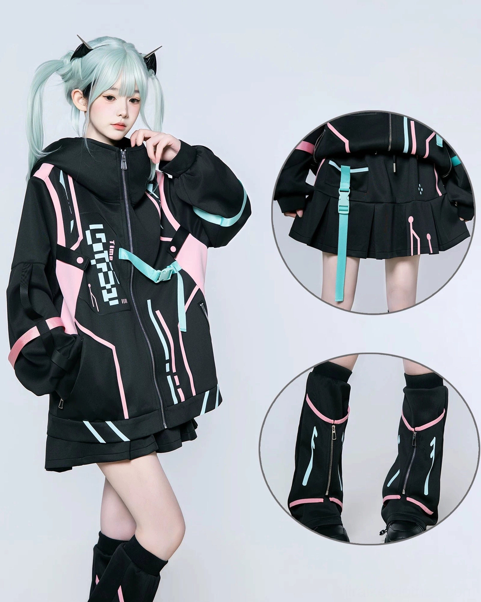 Techwear outfit detail view showing hot pink neon panels on jacket, pleated skort design, and leg warmers with close-up detail circles highlighting stitching and hardware