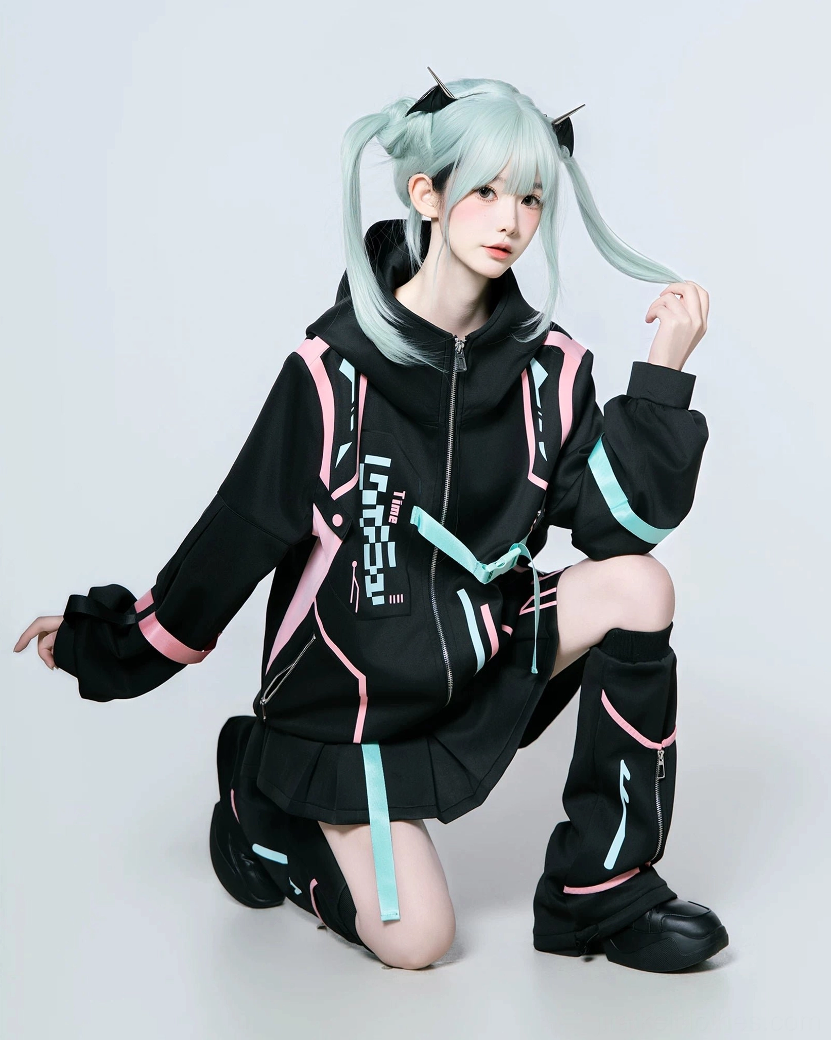 Close-up detail of Jirai Kei techwear jacket neon paneling, metallic zipper hardware, oversized hood drawstring, and precise stitch work on cyberpunk fashion piece