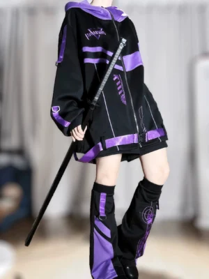 Jirai Kei techwear hooded jacket with purple accents full-body front view on model in black cyberpunk aesthetic with oversized loose fit