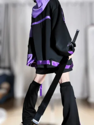 Black techwear hooded jacket back view showing purple hood trim and cyberpunk design details on model