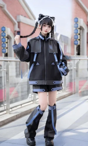 Full-body front view of black Jirai Kei techwear jacket set with blue contrast trims and cat ear hood, worn on urban street with complete outfit