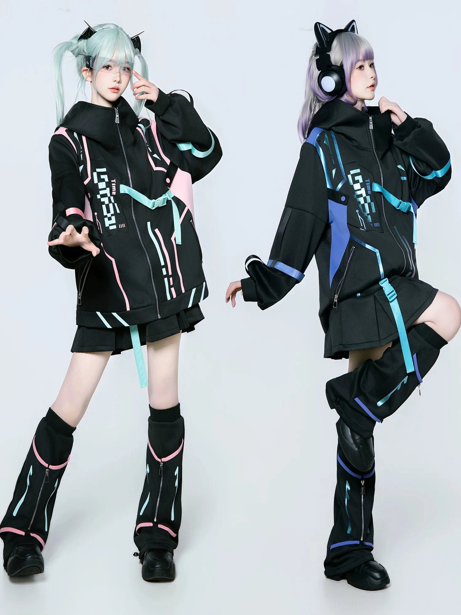 Dual styling views of cyberpunk Jirai Kei techwear set with dual-tone neon accent trims, displayed on models with mint twin tails and cat ear headphones