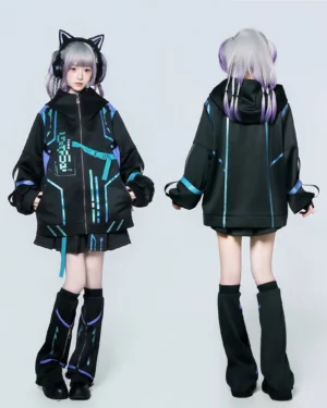 Full-body front and back view of Jirai Kei cyber jacket with stand collar, oversized hood, and coordinating pleated mini skort with striped leg warmers on model