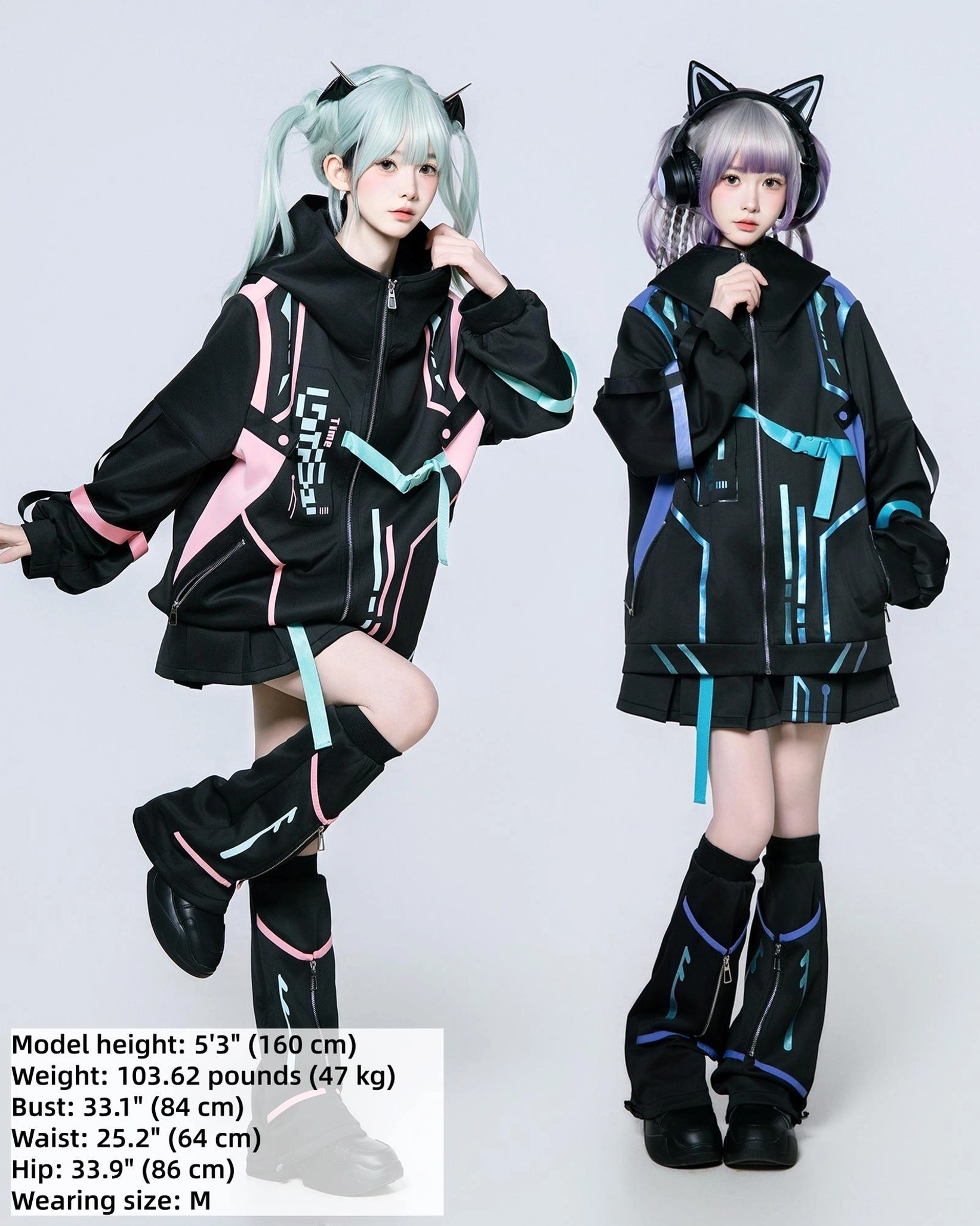 Two female models wearing gradient blue-purple and pink neon Jirai Kei techwear jacket and skort sets, displaying size variations with measurement annotations