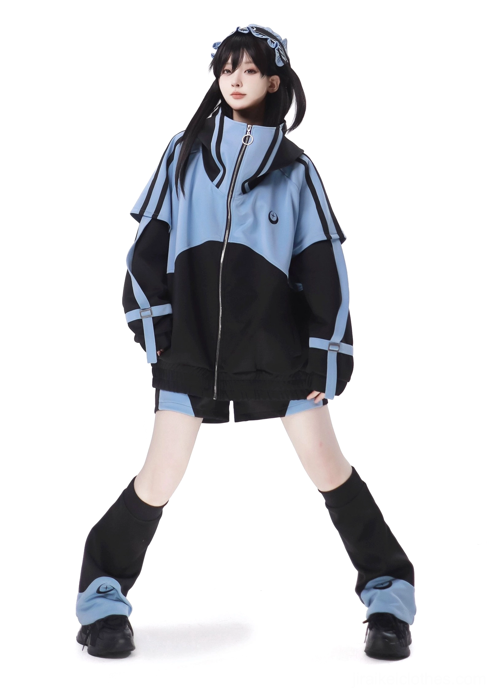 Jirai Kei techwear outfit full set front view moon star print black light blue color block oversized zip jacket
