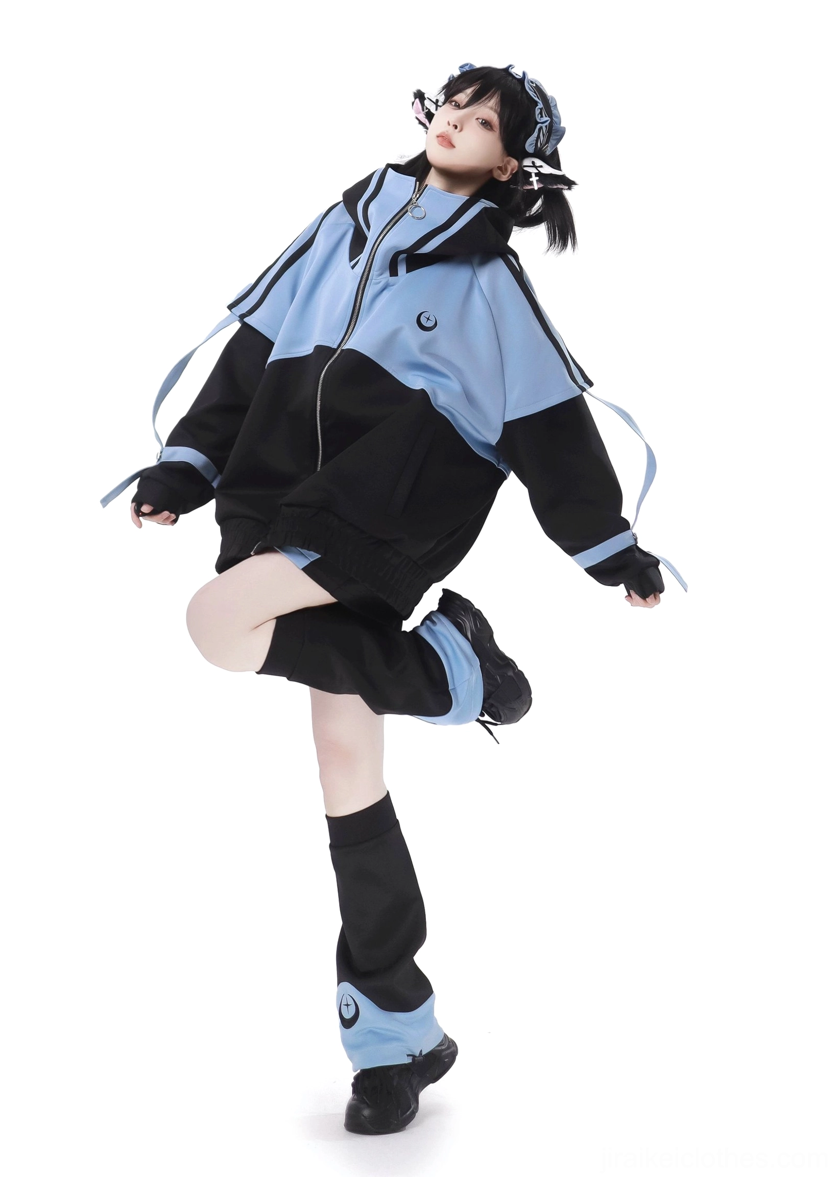 Jirai Kei techwear outfit low angle shot leg warmers moon star embroidery sleeve decorative straps blue accents