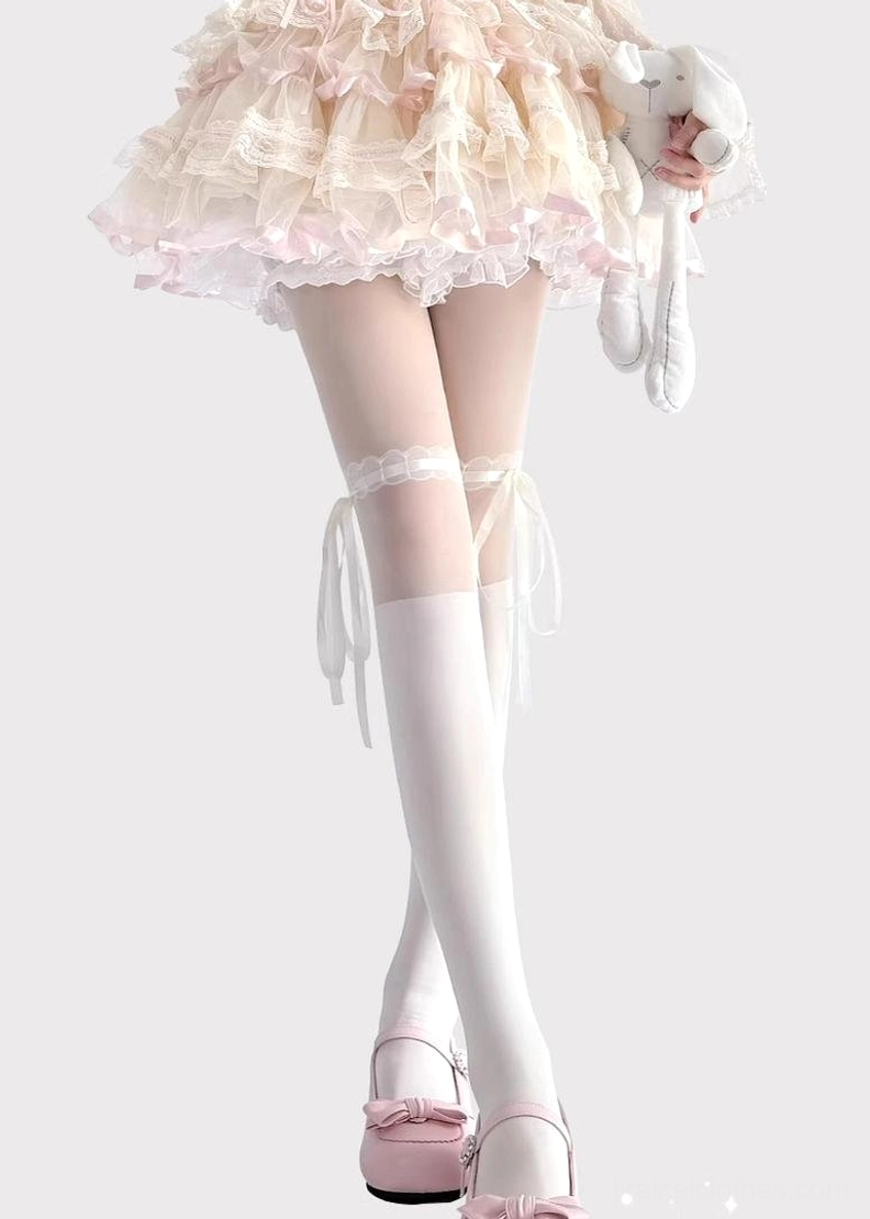 Lolita thigh-high lace socks back right angle view side ribbon decorations lace band model holding plush toy