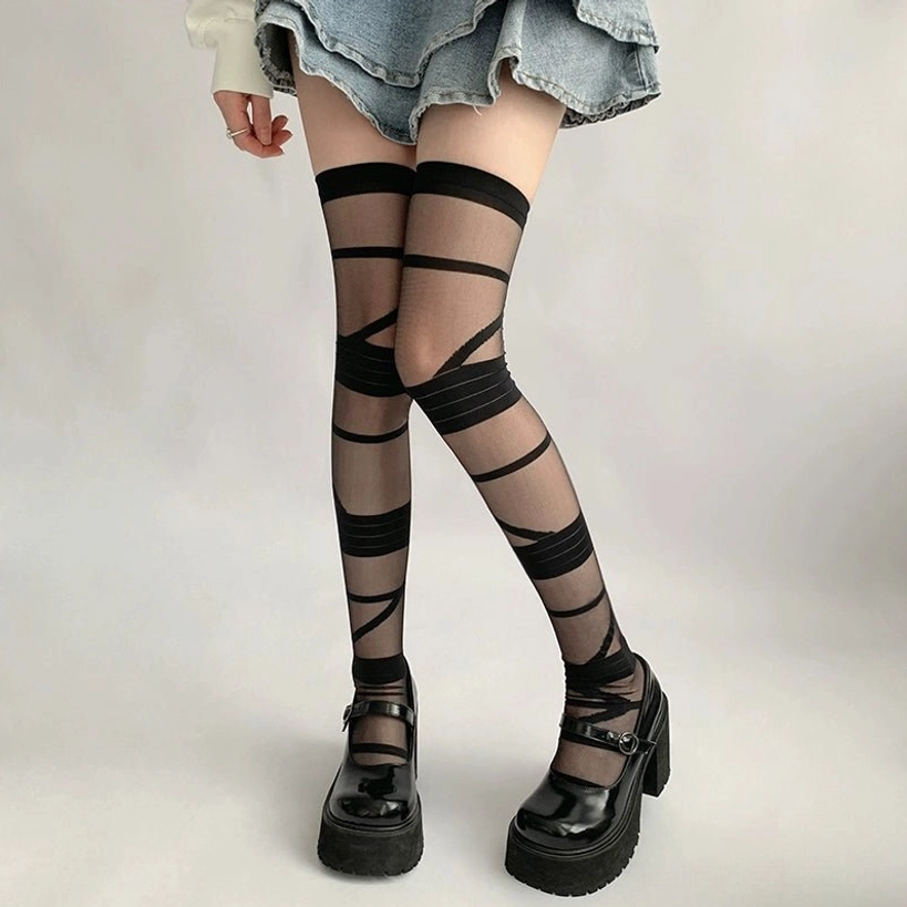 Jirai Kei thigh-high sheer socks color comparison showing black white and ivory options with crisscross strap design details