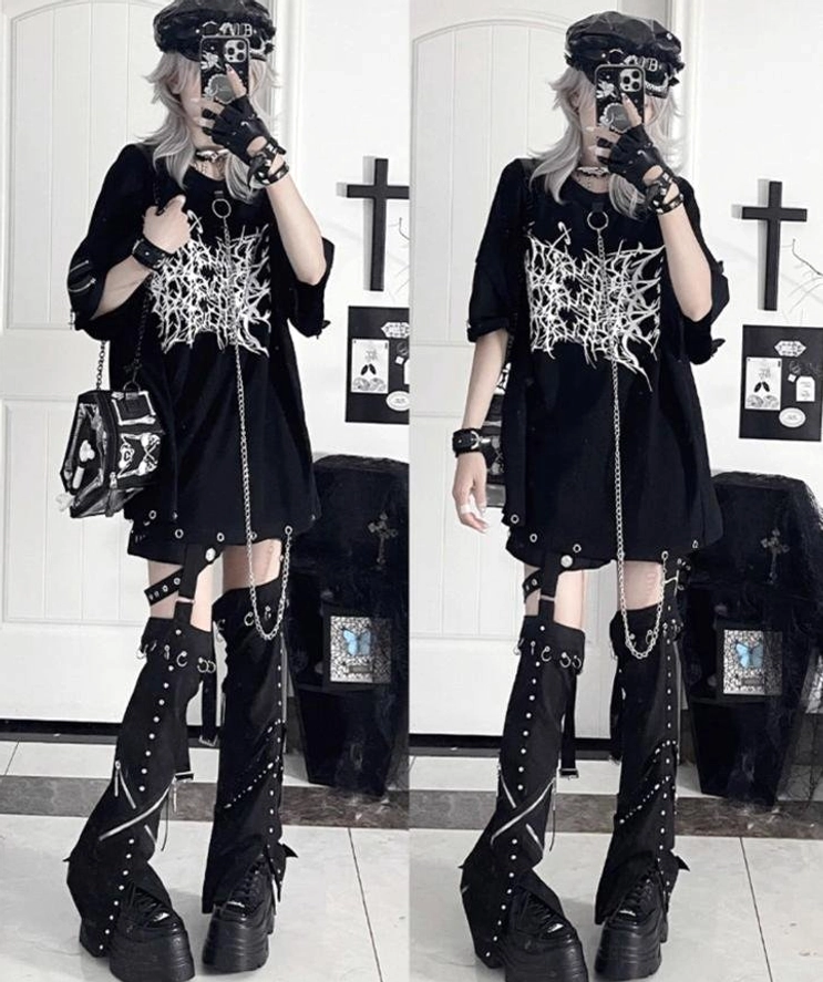 Jirai Kei oversized cotton t-shirt color variations and thorn print styling options showing design versatility