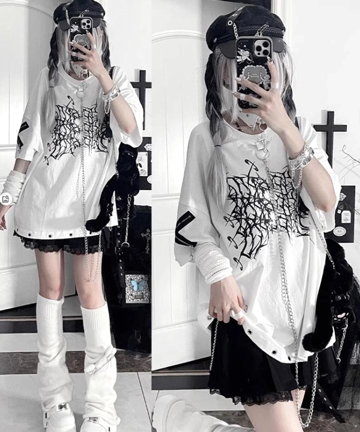 Styling inspiration for Jirai Kei oversized t-shirt worn with gothic accessories, fishnet details and subculture aesthetic elements