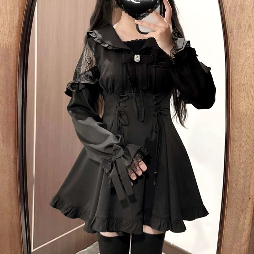 Black Jirai Kei dress set three-piece complete package with shorts and rhinestone bow tie accessory