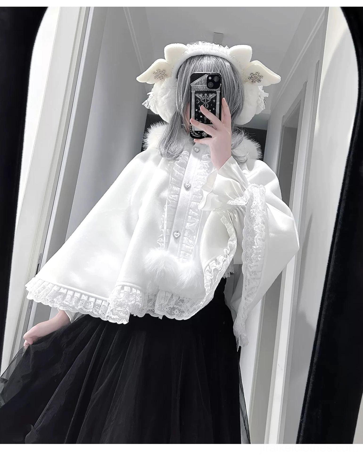 Complete Jirai Kei three-piece ensemble showing cape, lace blouse, and high-waist skirt color variations in black white grayish-aqua