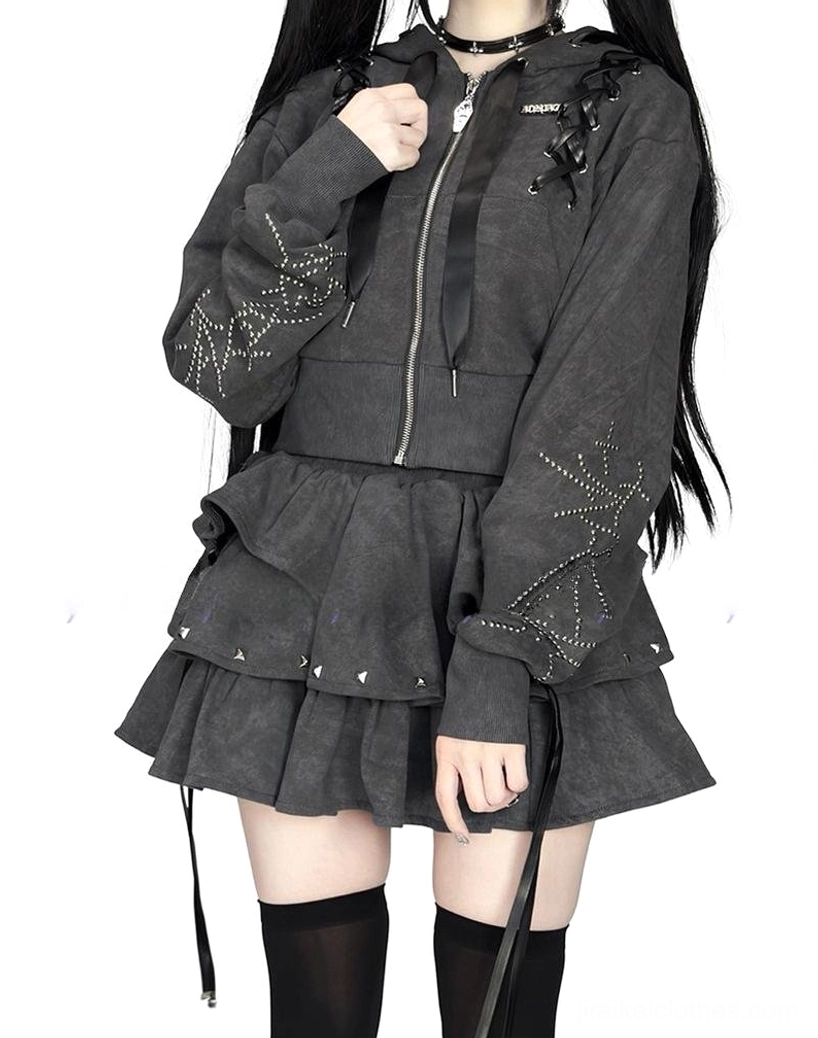 Jirai Kei tie-dye and black color way comparison showing both hoodie and skirt set style variations for subculture fashion