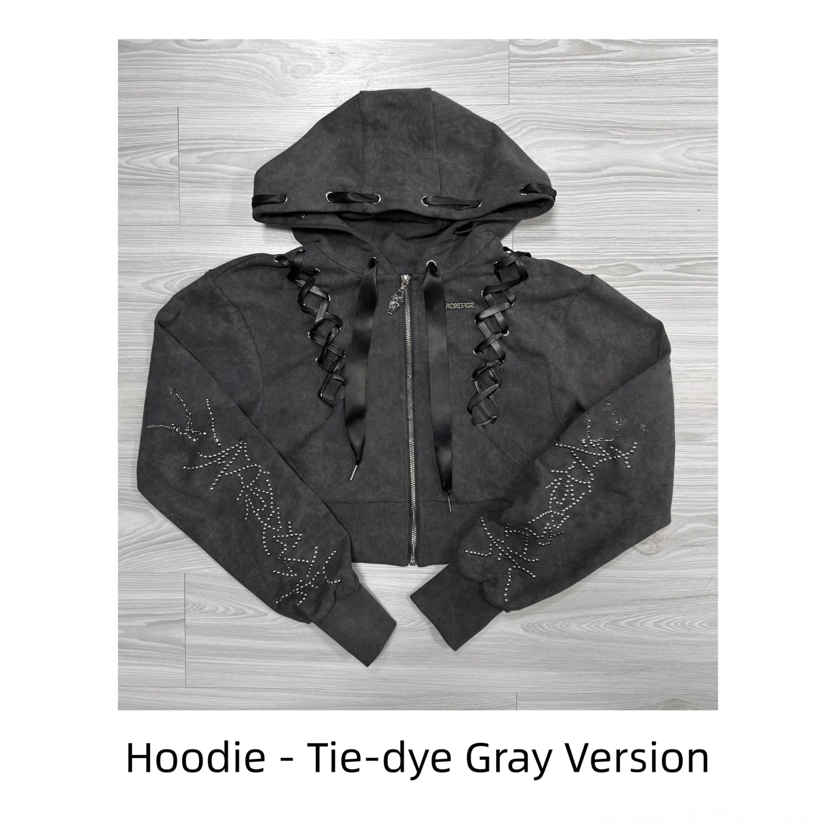 Jirai Kei tie-dye gray cropped hoodie only featuring lace-up hood metal zipper and delicate feminine subculture details