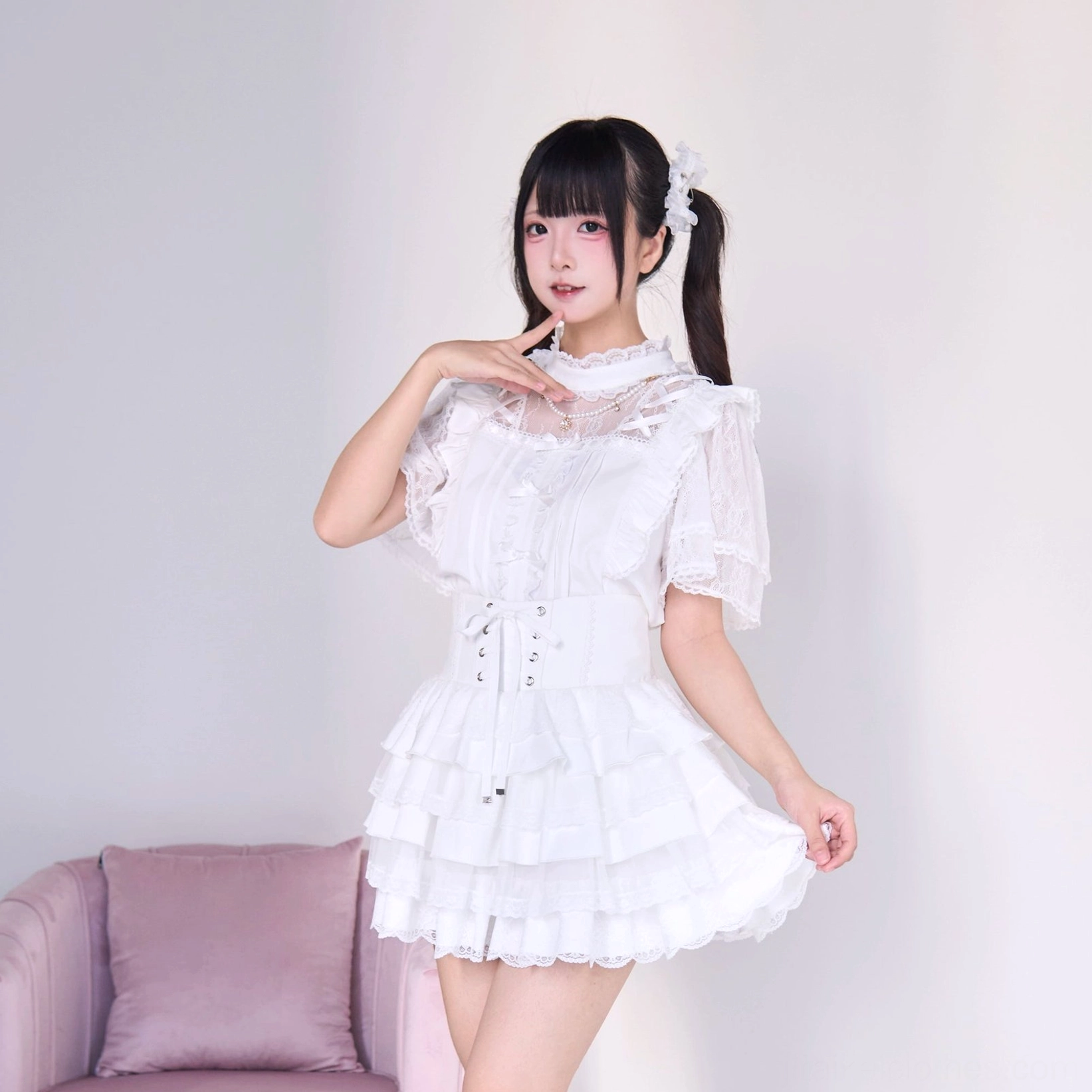 Jirai kei tiered cake skirt front drawstring waistband adjustable feature showing functional design and gothic lolita silhouette construction