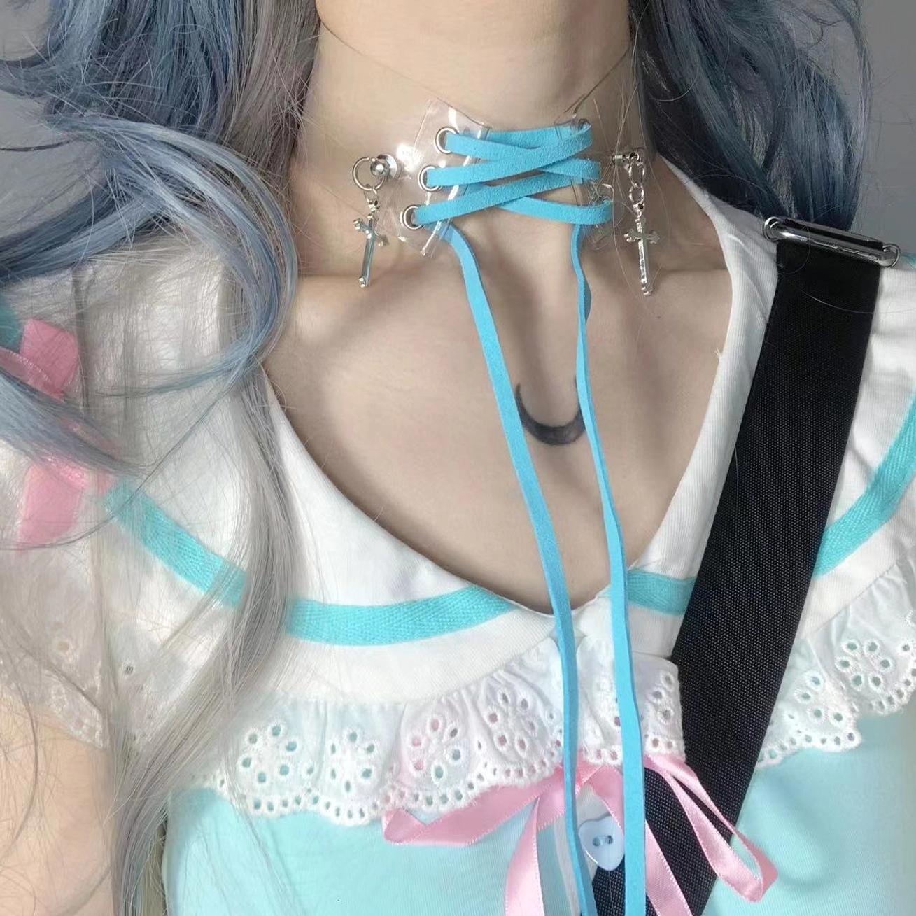 Jirai Kei transparent choker necklace flat lay display showing all color variants available: black, blue, pink, and purple options