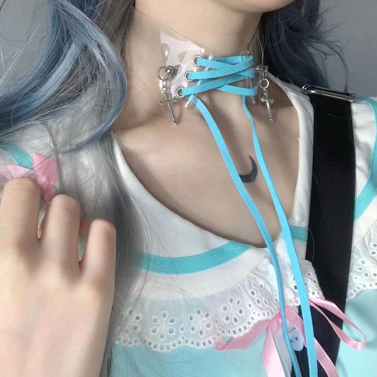 Jirai Kei transparent choker necklace collection shot highlighting adjustable design flexibility and multiple color options for personal style