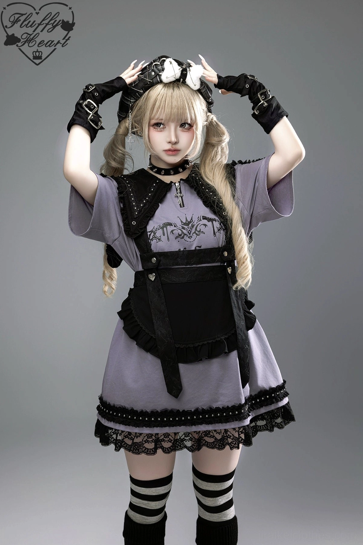 Back view of Jirai Kei gothic T-shirt dress showing pointed collar back panel, off-shoulder sleeve construction, and lace hem