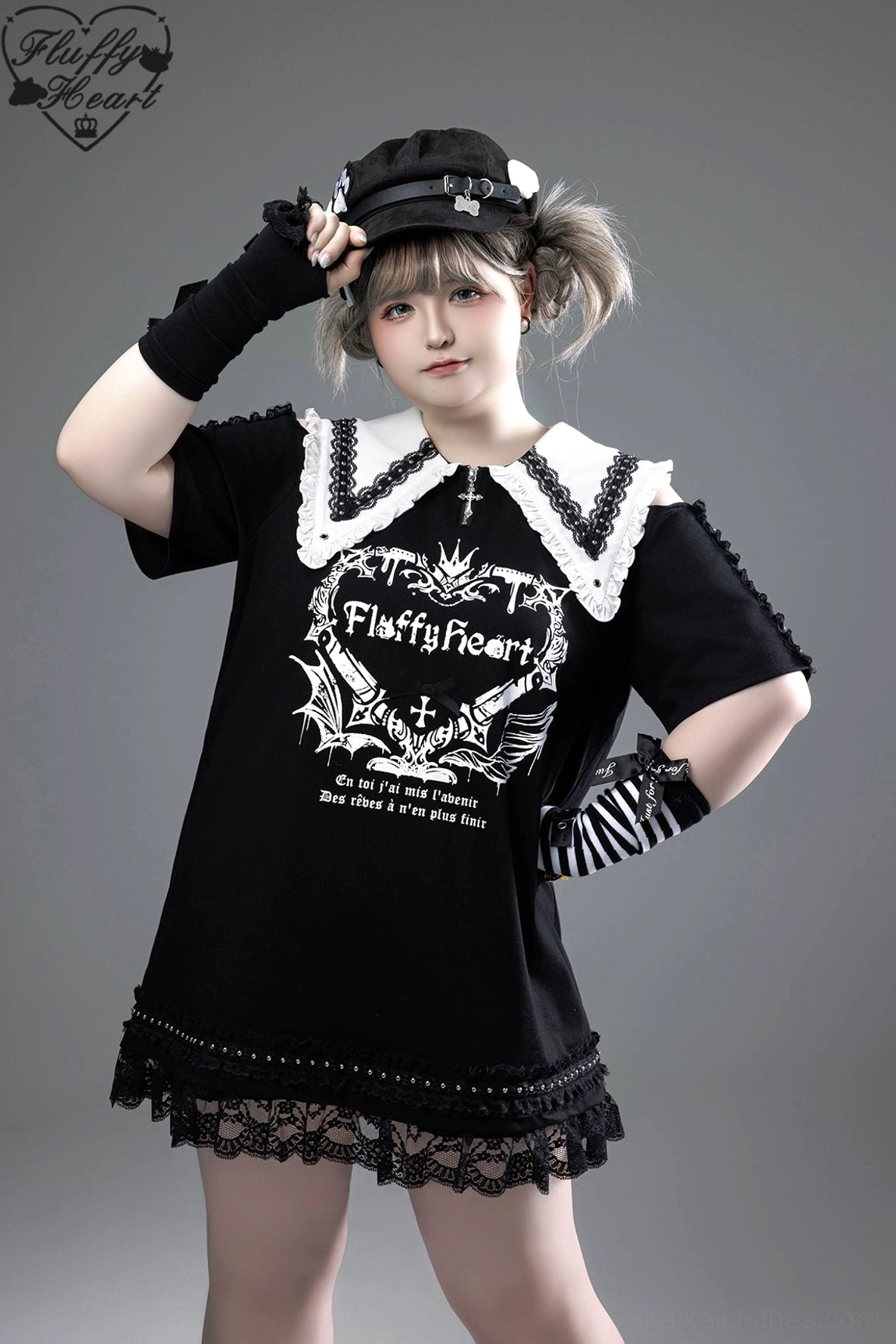 Cross zipper pendant detail on Jirai Kei T-shirt dress, gothic occult-inspired metal embellishment against dark fabric