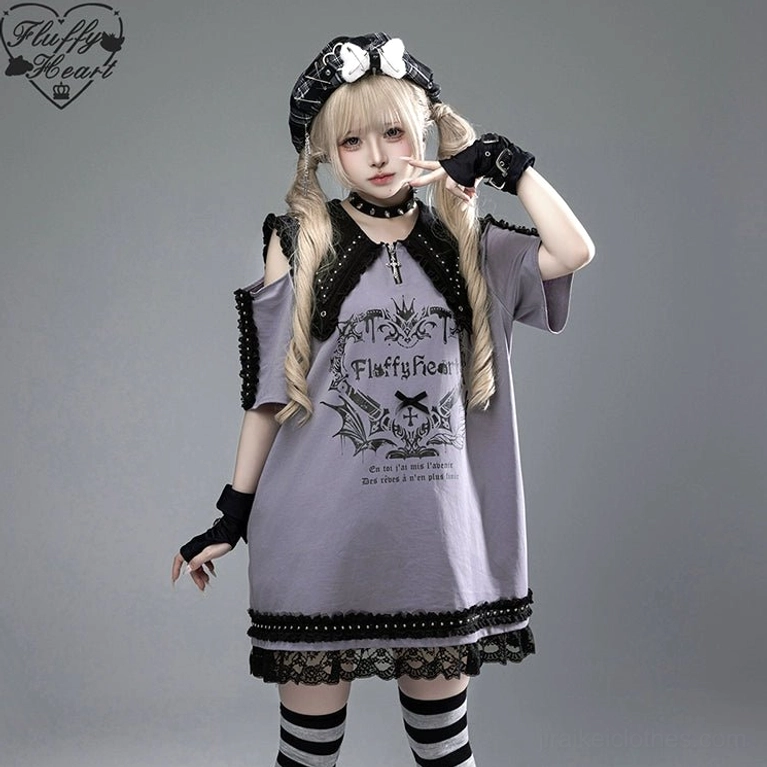 Gothic graphic print chest detail on Jirai Kei T-shirt dress showing dark aesthetic design and print quality